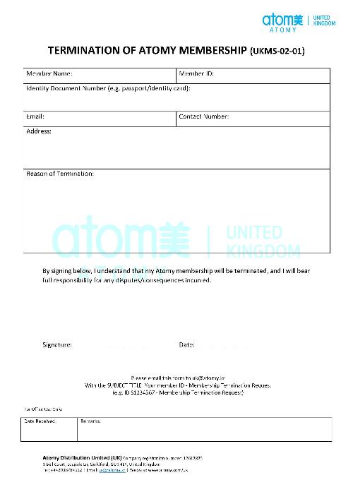 Termination of Atomy Membership Form (UKMS-02-01)