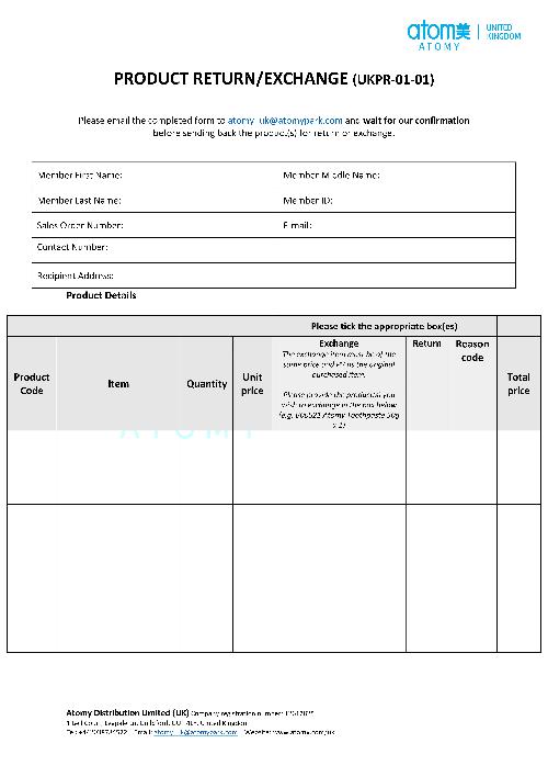 Product Return and Exchange Form (UKPR-01-01)